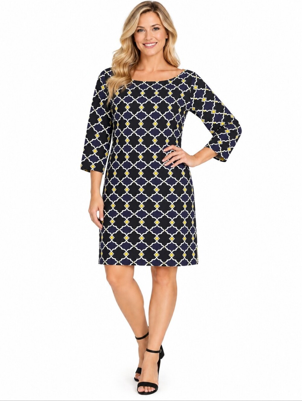 Jude Connally Mini Dress Size Large LS Geometric Blue Black Yellow Stretchy Prep